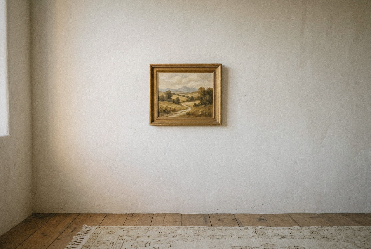 A small framed landscape painting hanging on an off-white plaster wall in a quiet residential interior, late afternoon May light slipping low across a vintage cream wool rug and wide-plank oak floor