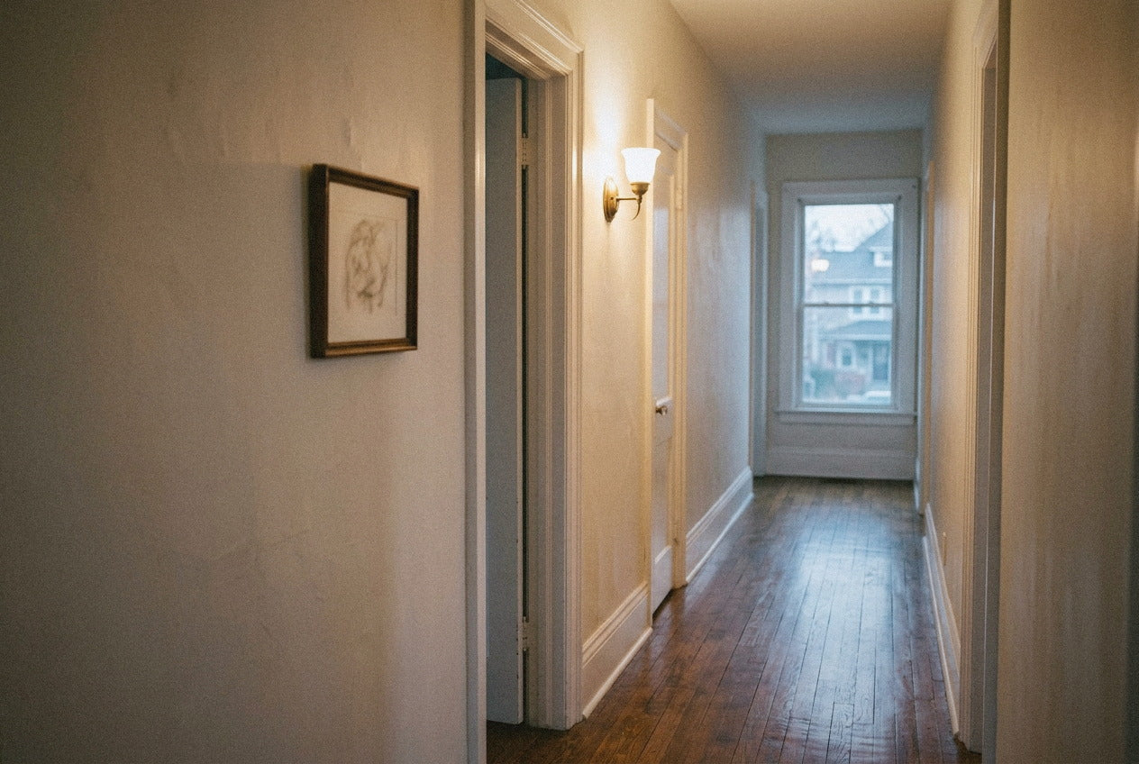 A quiet residential hallway at dusk in late March with a single small framed work halfway down the passage