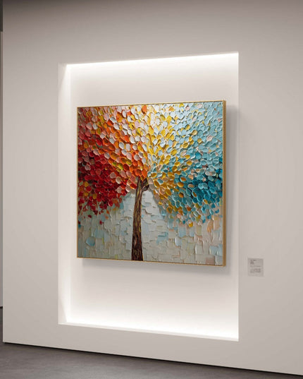 Colorful abstract painting on a wall with modern interior design elements.