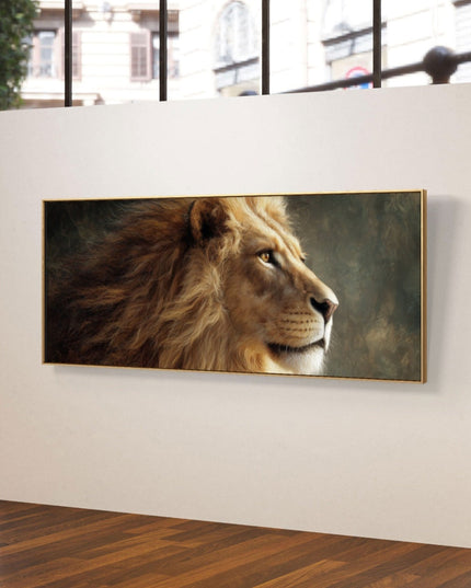 Panoramic photo of a lion in a white frame against a wall.