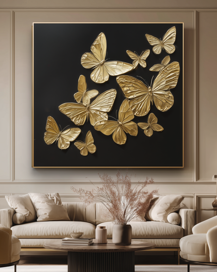 Modern living room with a large wall art piece of gold butterflies.