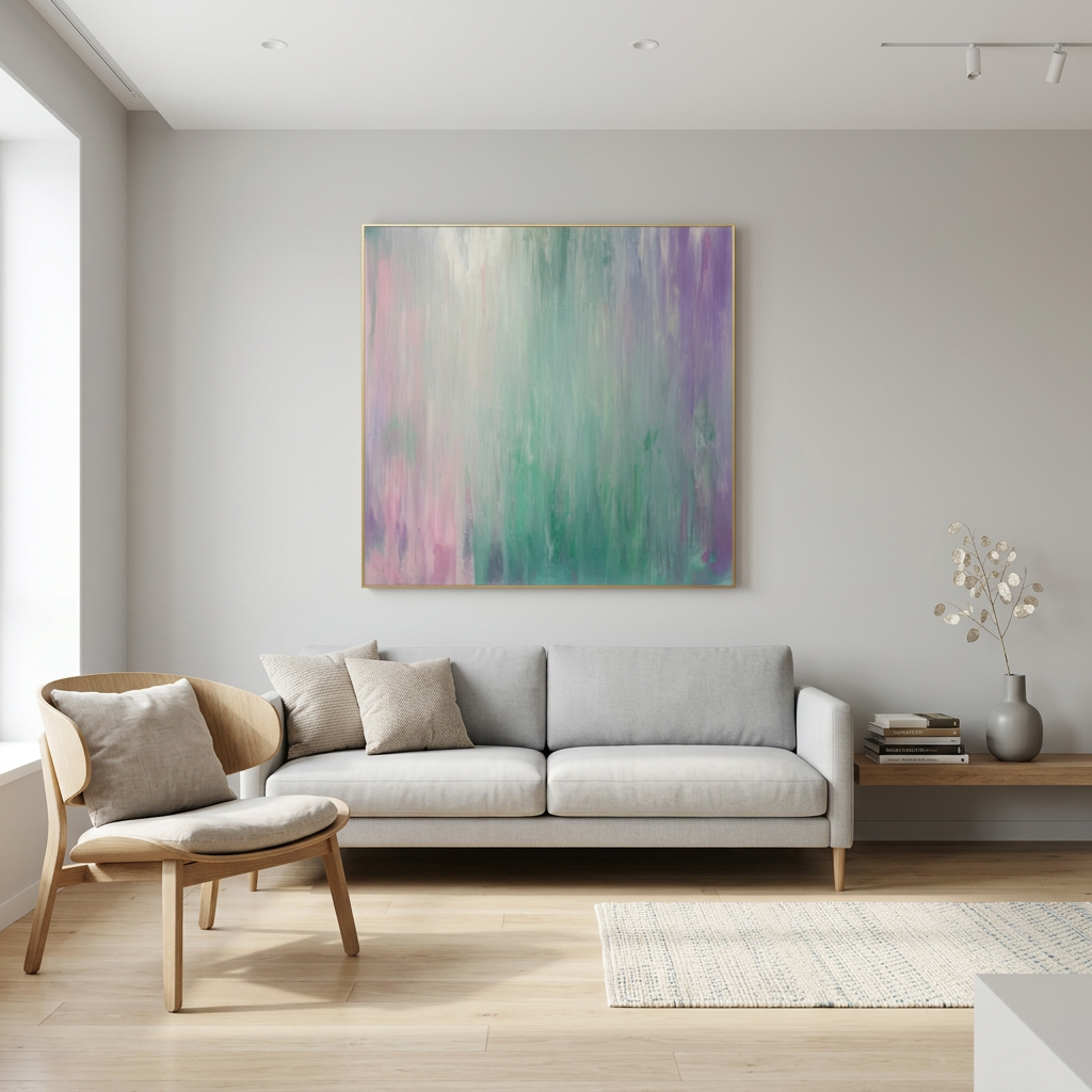 Northern Colors hand-painted contemporary painting displayed in a modern living room with warm accents