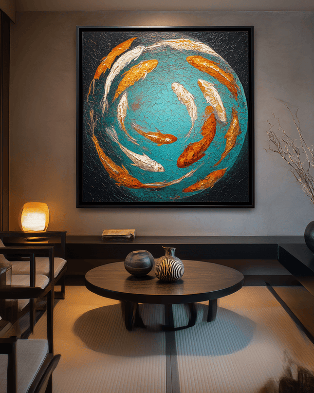 Living room with a large abstract painting of koi fish on the wall.