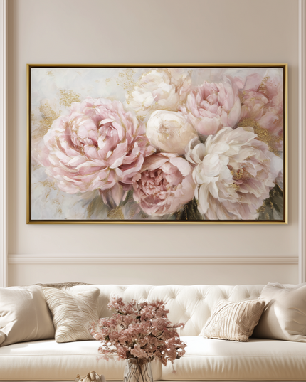 Living room with a white sofa, coffee table, and floral artwork on the wall.