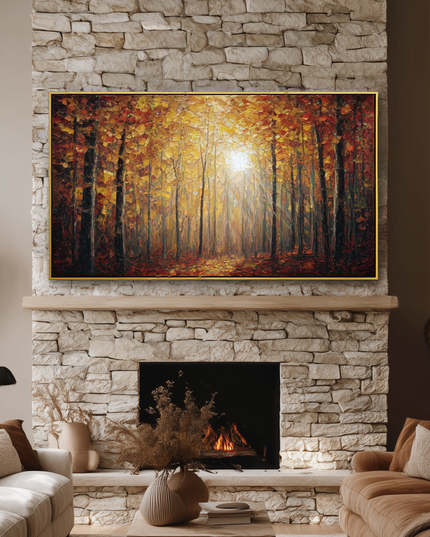 Cozy living room with stone fireplace, TV displaying forest scene, and comfortable furniture.