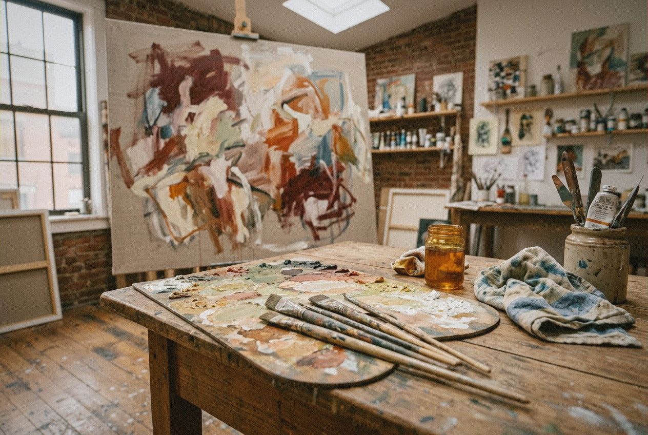 A painter's working table in the Brooklyn atelier, palette and brushes in late afternoon light.