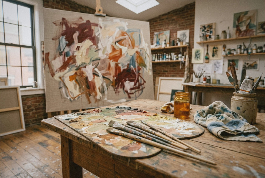 A painter's working table in the Brooklyn atelier, palette and brushes in late afternoon light.