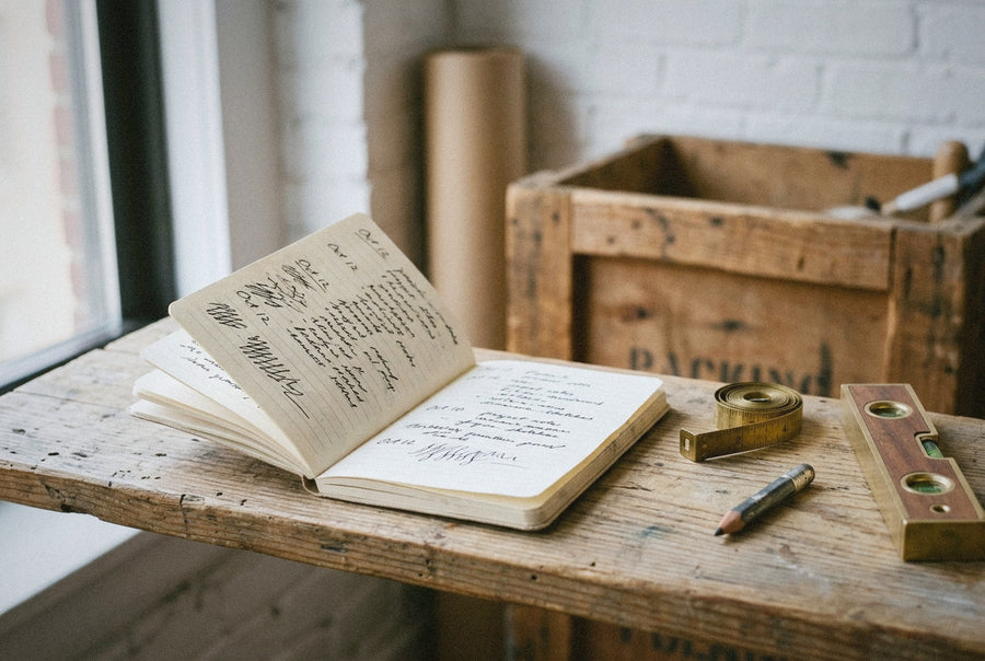 A cream cotton notebook open on a pine shelf in the Brooklyn atelier, measuring tape and pencil beside it, warm morning light.