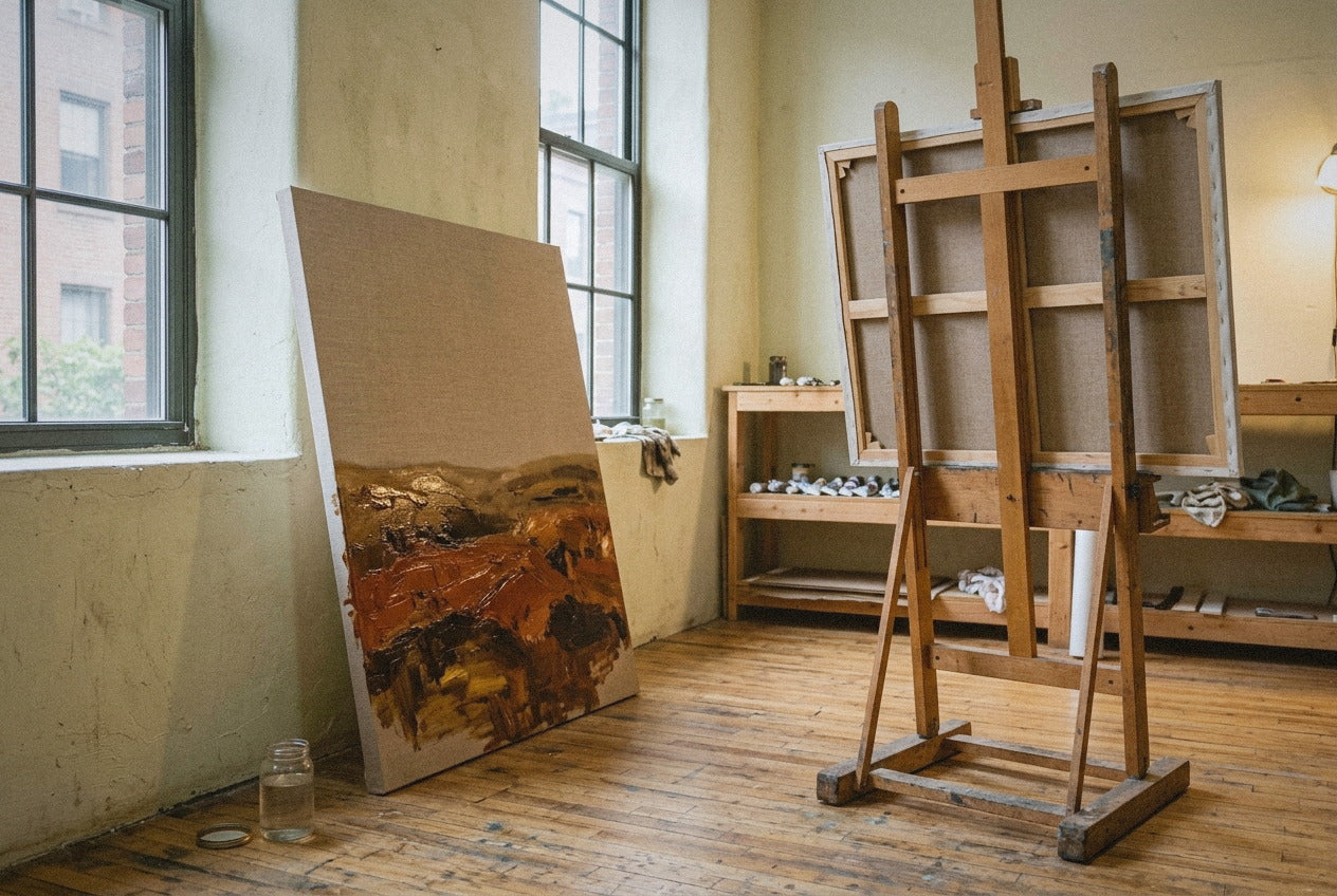 A Brooklyn atelier in late morning light: a finished oil painting leaning face out against the north wall with wet impasto on its lower third, and a raw linen canvas turned to face the wall on the easel.