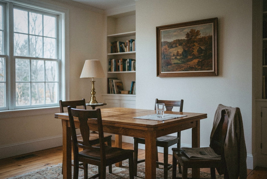 A quiet dining room in late November with a single painting above the table