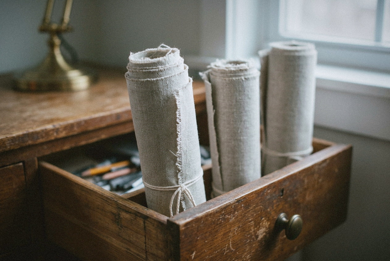 Rolled unused canvases in a wooden studio drawer under a west-facing window in late January