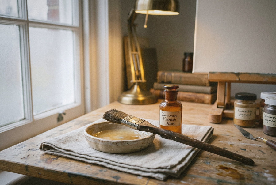 A varnishing station with dish, soft squirrel brush, and amber varnish bottle in a painter's studio on a Tuesday morning in early March