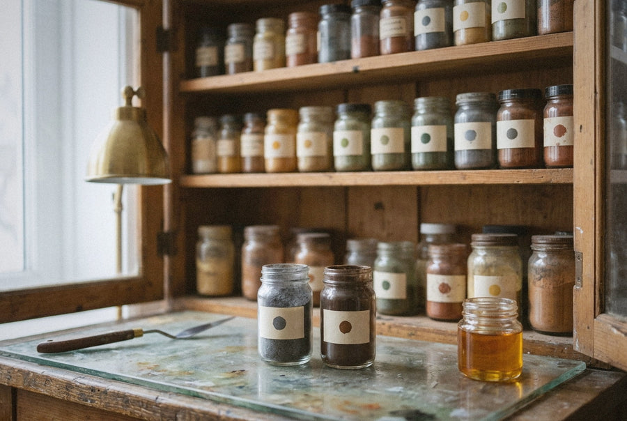 Open pigment cabinet with glass pots of mixed color in a painter's studio on a Wednesday morning in February