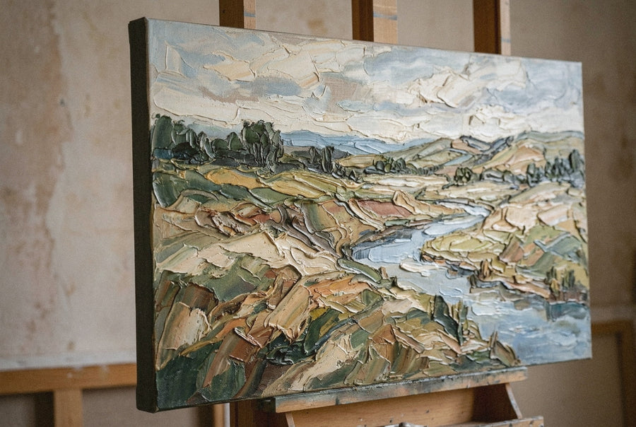 Large oil painting on linen canvas, impasto surface catching morning light from the left, palette knife ridges casting micro-shadows across warm ochre and earth tones