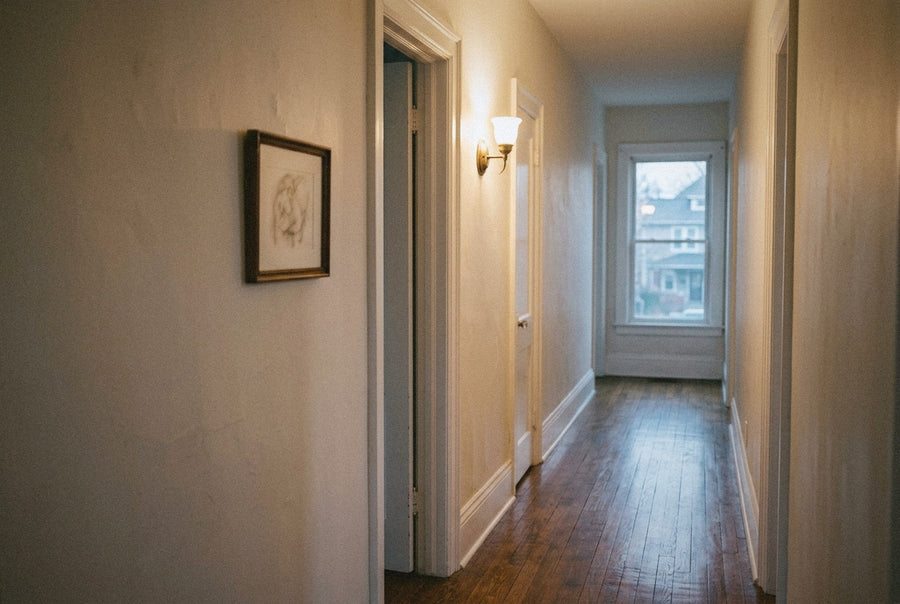 A quiet residential hallway at dusk in late March with a single small framed work halfway down the passage