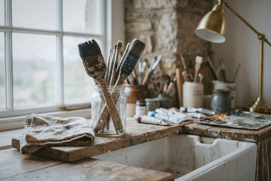 A row of well-used painting brushes on a shelf above a porcelain sink in late December