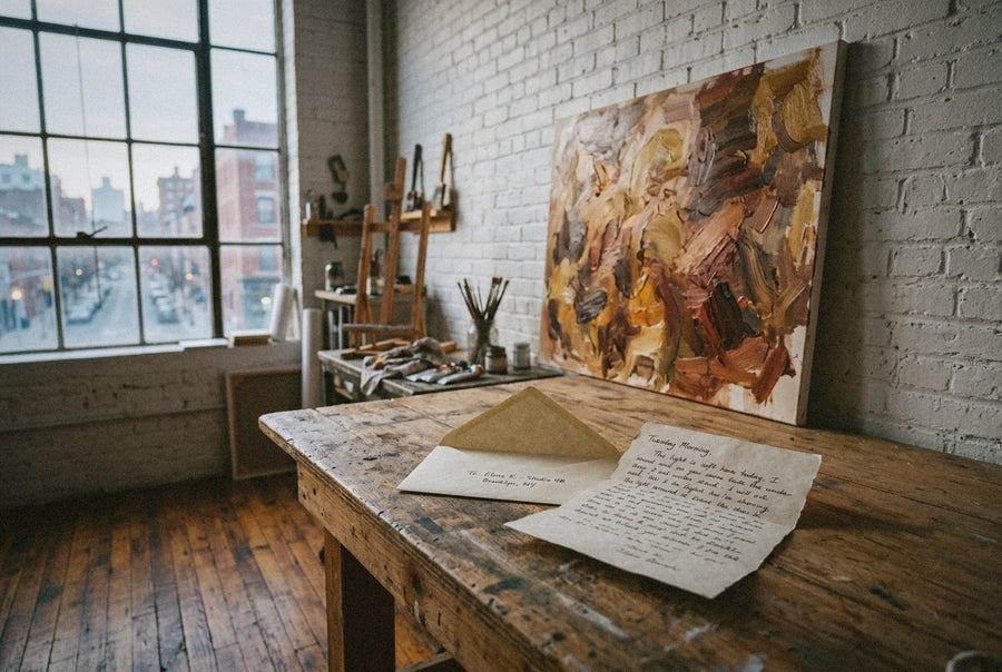 A canvas in warm ochre and sienna tones leans against the atelier wall, an open letter on the worktable in the foreground