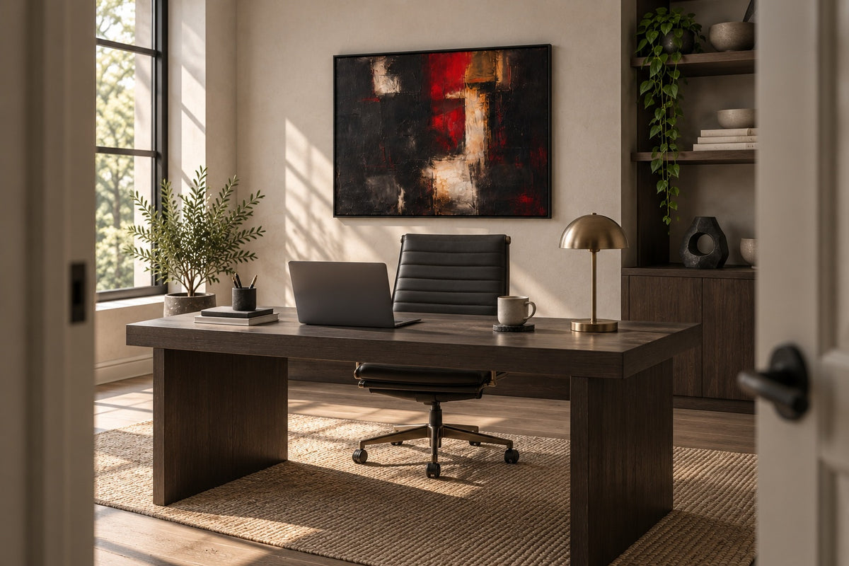 Illustration: doorway view of a home office with Ember Threshold behind working chair. / Illustration: Türperspektive eines Homeoffice mit Ember Threshold hinter dem Arbeitsstuhl.