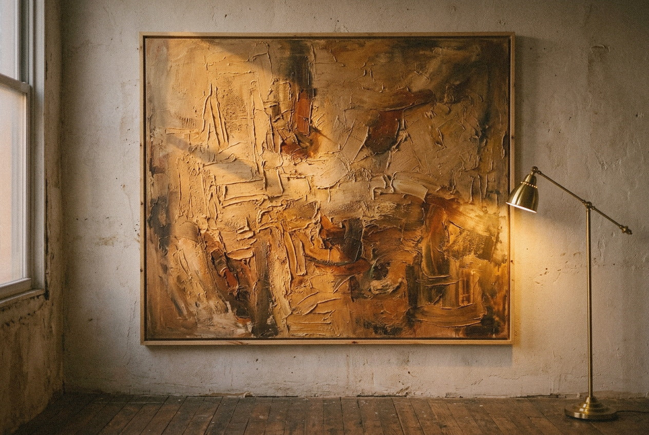 Large textured oil painting hanging in a Brooklyn atelier at dusk, warm amber sunlight from the left and cooler lamp light from the right illuminating the canvas surface differently