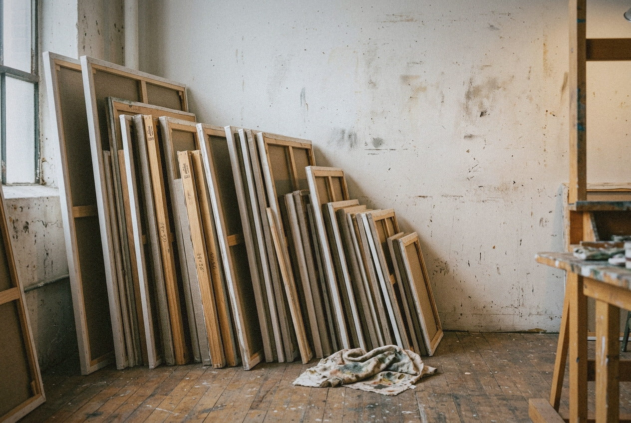 A stack of unfinished canvases leans face to the wall in the corner of the Brooklyn atelier, May afternoon light from the studio window