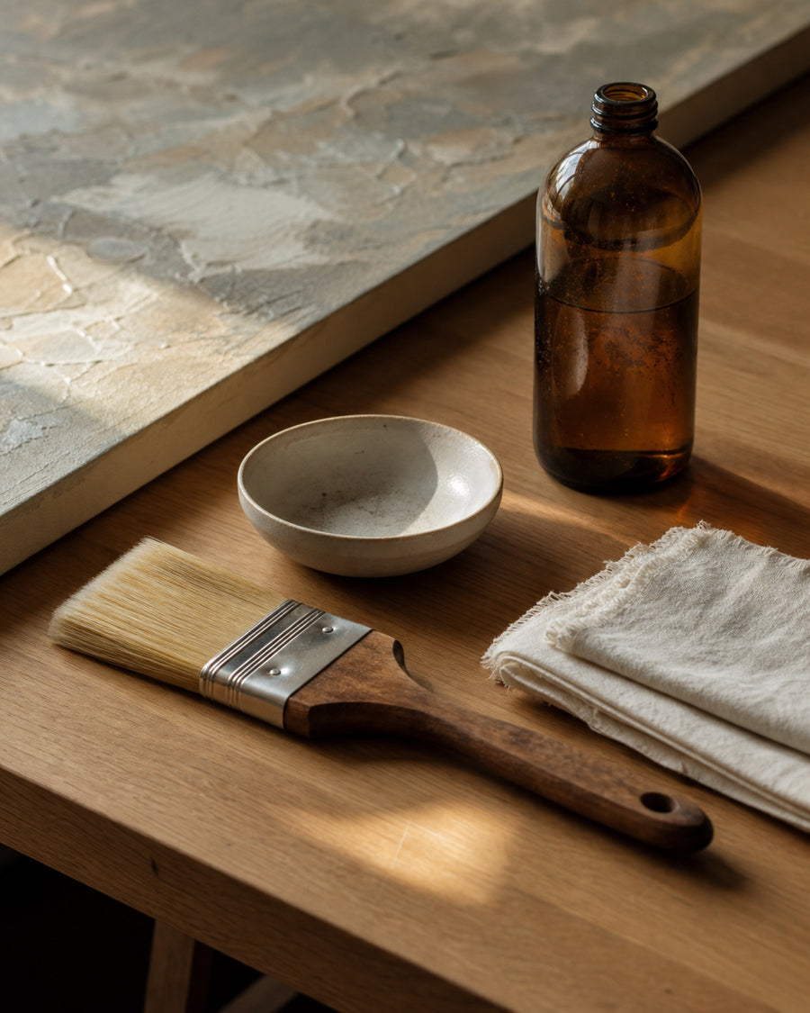 Editorial visualization / Redaktionelle Visualisierung: A varnish brush, ceramic dish, amber bottle, folded cloth, and canvas edge in angled light.