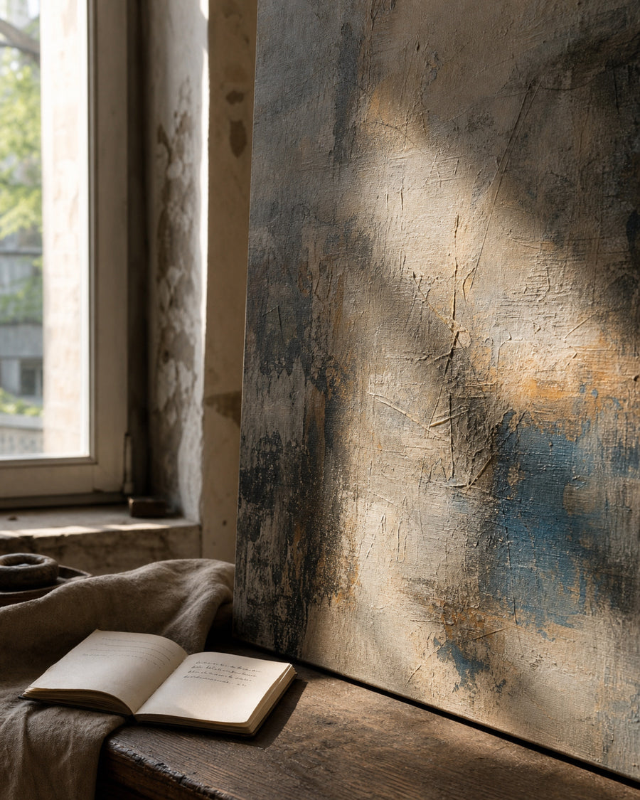 Editorial visualization / Redaktionelle Visualisierung: Raking afternoon light reveals layered texture and subtle marks on an abstract canvas beside an open notebook.