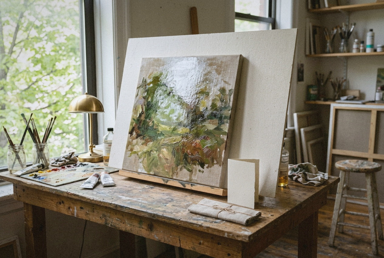 Tuesday afternoon in the Brooklyn atelier, an oil painting on linen leaning against the softboard with varnish still settling, brass lamp at the edge of a paint-streaked worktable.