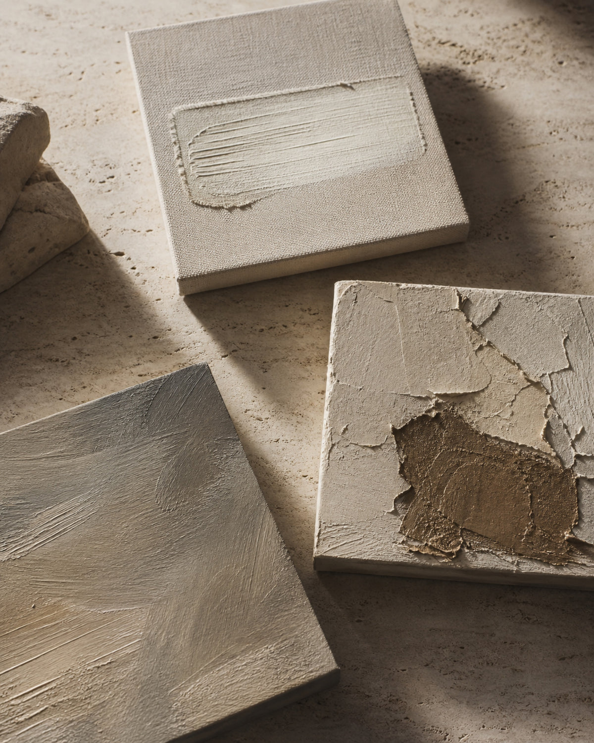 Editorial visualization: Three neutral canvas studies showing different surface textures in directional light.