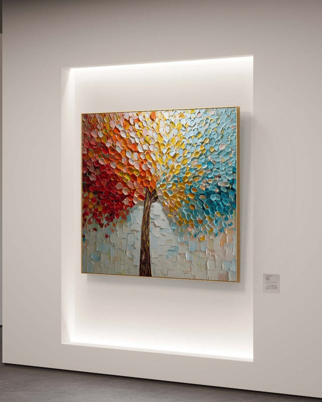 Colorful abstract painting on a wall with modern interior design elements.