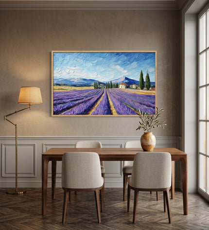 Lavender Pathway hand-painted landscape painting displayed in an elegant dining room