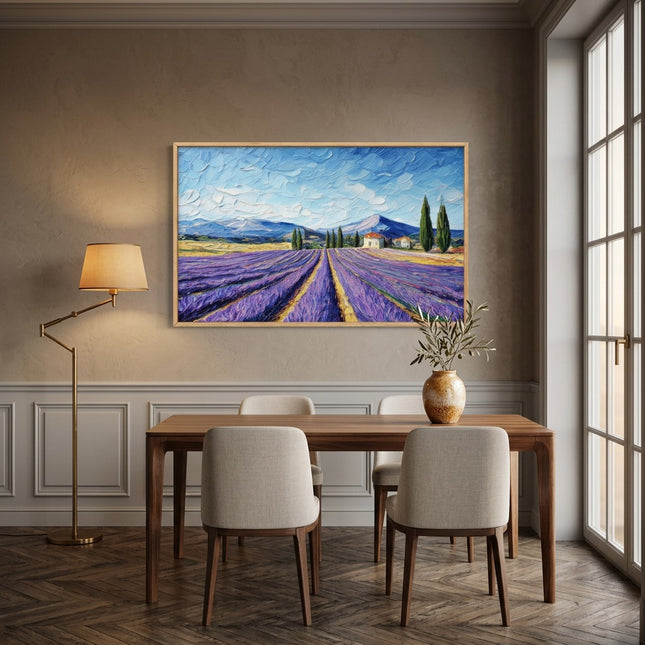 Lavender Pathway hand-painted landscape painting displayed in an elegant dining room