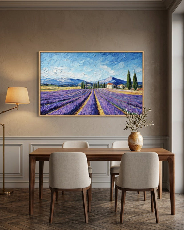 Lavender Pathway hand-painted landscape painting displayed in an elegant dining room