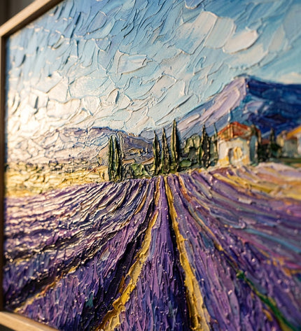 Close-up detail of Lavender Pathway showing textured impasto brushwork and color detail