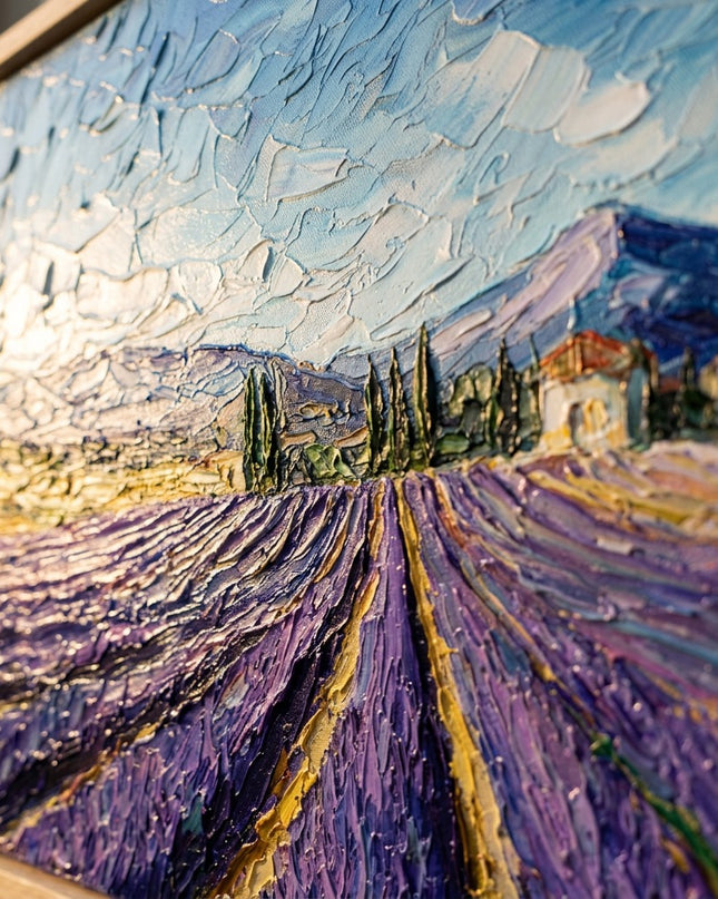 Close-up detail of Lavender Pathway showing textured impasto brushwork and color detail