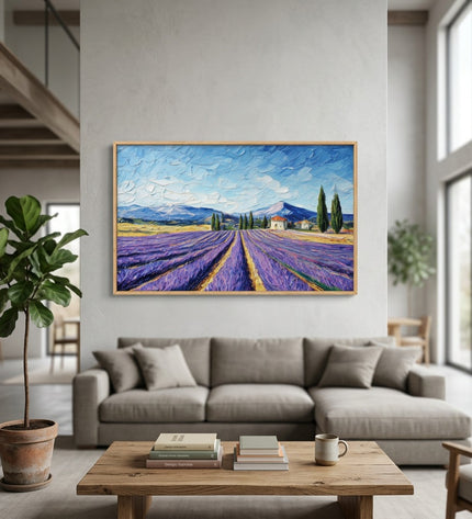 Lavender Pathway hand-painted landscape painting displayed in a bright open living space