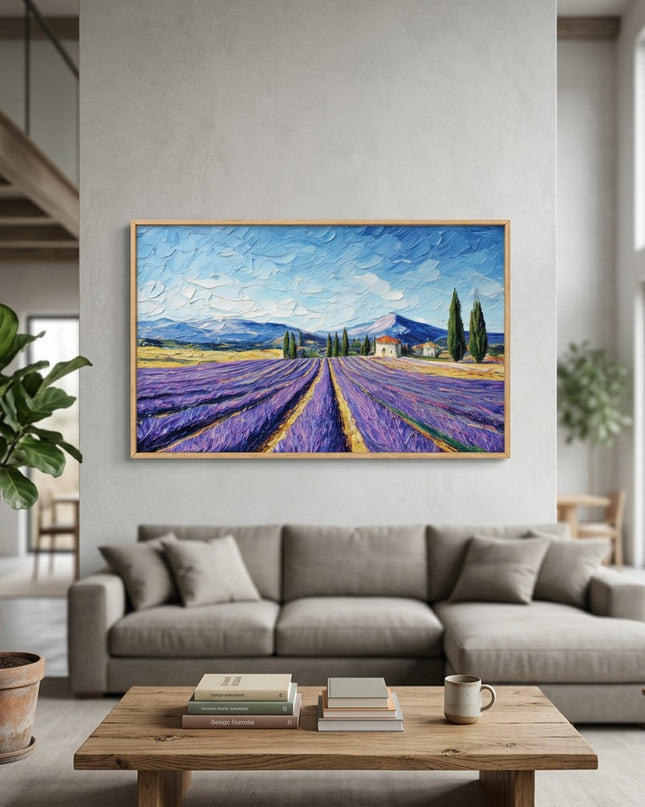 Lavender Pathway hand-painted landscape painting displayed in a bright open living space