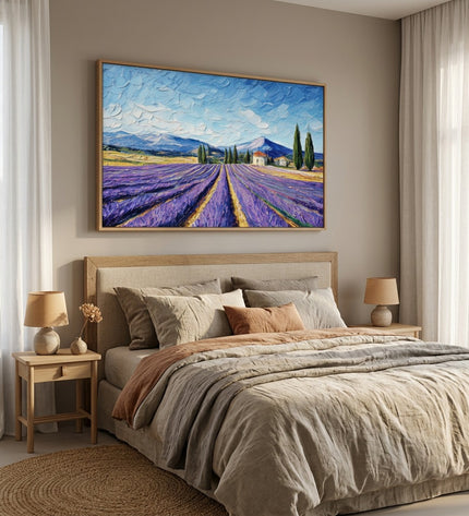 Lavender Pathway hand-painted landscape painting displayed in a serene bedroom with linen tones