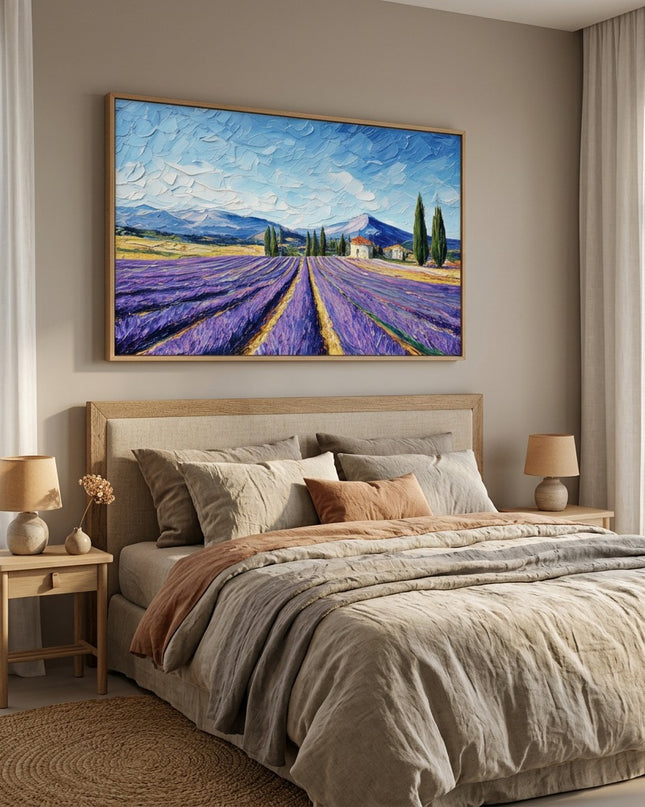 Lavender Pathway hand-painted landscape painting displayed in a serene bedroom with linen tones