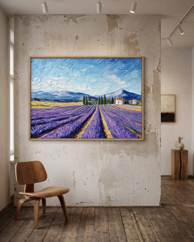 Lavender Pathway original canvas artwork displayed in a contemporary gallery setting