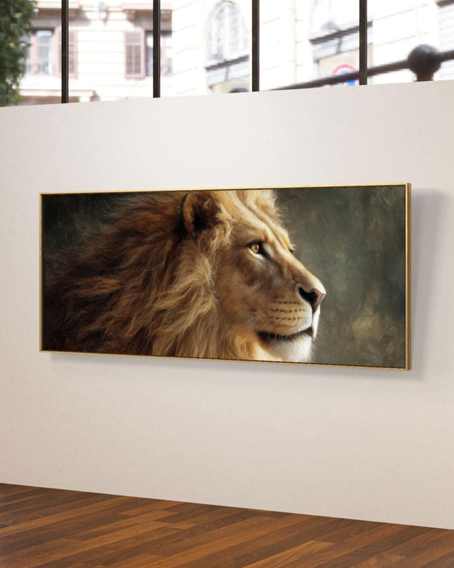 Panoramic photo of a lion in a white frame against a wall.
