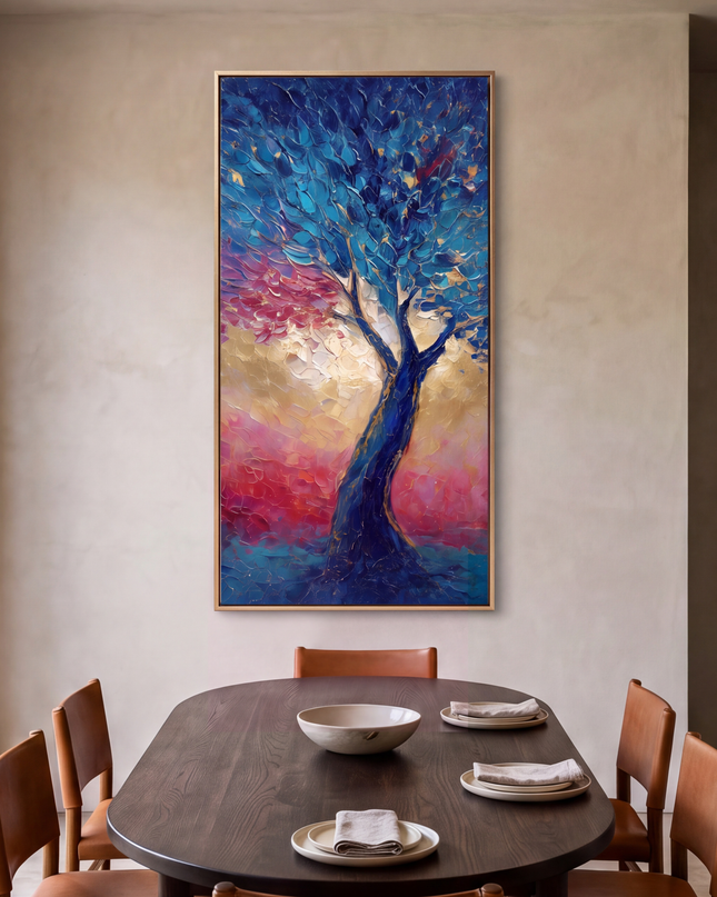 Flourish hand-painted floral painting displayed in a spacious open-plan living room