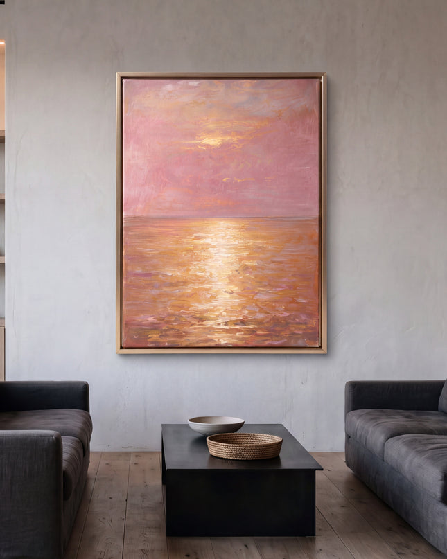 Golden Horizon hand-painted landscape painting displayed in a spacious open-plan living room
