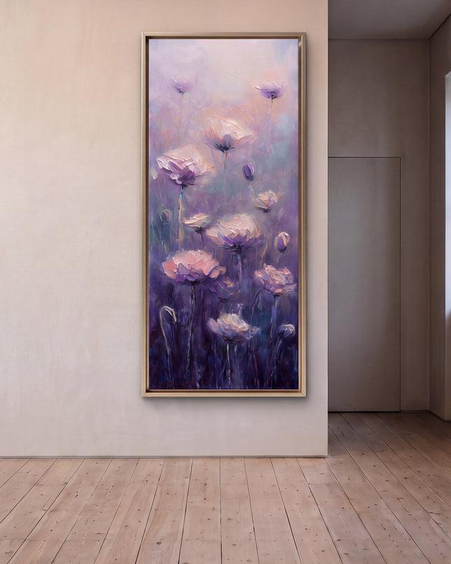 Lilac Serenade original canvas artwork displayed in a contemporary gallery setting