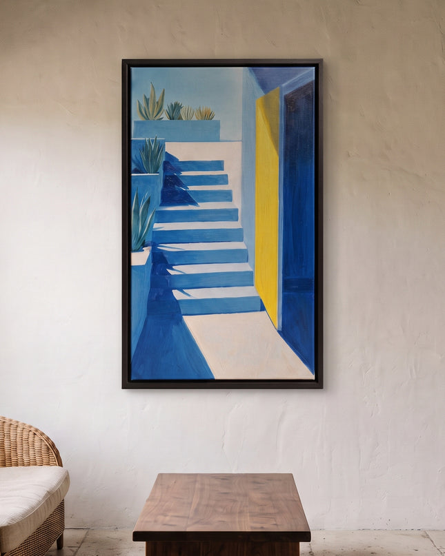 Mediterranean Gate hand-painted abstract painting displayed in a modern living room with warm accents
