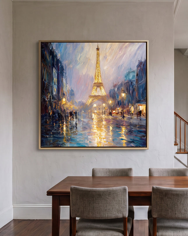 Midnight in Paris hand-painted cityscape painting displayed in a serene bedroom