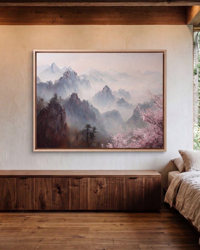 Mist Over Mountains hand-painted landscape painting displayed in a spacious open-plan living room