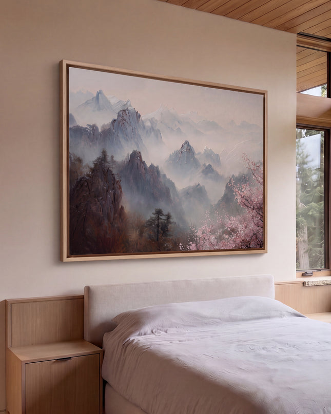 Mist Over Mountains hand-painted landscape painting displayed in a serene bedroom