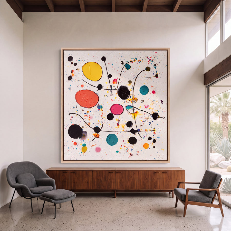 Molecules of Happiness hand-painted contemporary painting displayed in a spacious open-plan living room