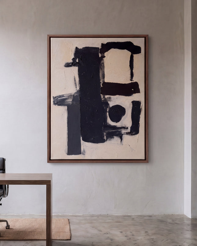 Monochrome Balance hand-painted abstract painting displayed in a spacious open-plan living room