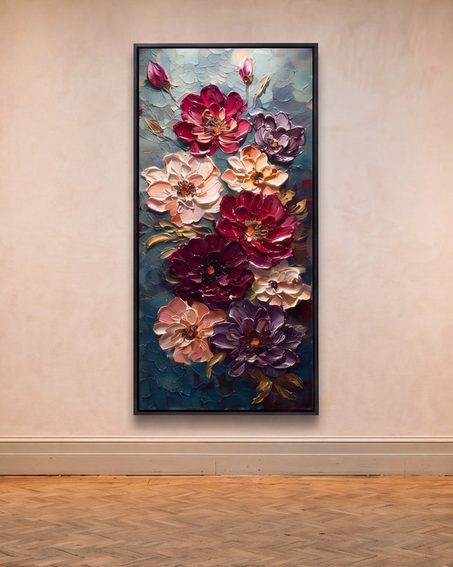 Moonlit Bouquet original canvas artwork displayed in a contemporary gallery setting